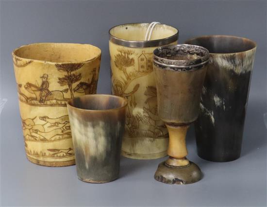 Two early 19th century engraved horn beakers and three others